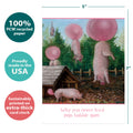 Load image into Gallery viewer, The cover of Tree-Free’s Pigs Bubblegum card with lines demonstrating its 5x7 dimensions, along with the following text: “100% PCW recycled paper, proudly made in the USA, sustainably printed on extra-thick card stock”