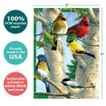 Load image into Gallery viewer, The cover of Tree-Free’s Favorite Songbirds card with lines demonstrating its 5x7 dimensions, along with the following text: “100% PCW recycled paper, proudly made in the USA, sustainably printed on extra-thick card stock”