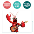 Load image into Gallery viewer, The cover of Tree-Free’s Rock Lobster card with lines demonstrating its 5x7 dimensions, along with the following text: “100% PCW recycled paper, proudly made in the USA, sustainably printed on extra-thick card stock”