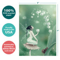 Load image into Gallery viewer, The cover of Tree-Free’s Lily Of The Valley All Occasion Card card with lines demonstrating its 5x7 dimensions, along with the following text: “100% PCW recycled paper, proudly made in the USA, sustainably printed on extra-thick card stock”