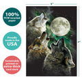Load image into Gallery viewer, The cover of Tree-Free’s Three Wolf Moon All Occasion Card card with lines demonstrating its 5x7 dimensions, along with the following text: “100% PCW recycled paper, proudly made in the USA, sustainably printed on extra-thick card stock”