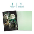Load image into Gallery viewer, The cover and inside of Tree-Free’s Three Wolf Moon All Occasion Card card, along with the following text: “1 greeting card, 1 matching envelope”