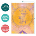Load image into Gallery viewer, The cover of Tree-Free’s The World card with lines demonstrating its 5x7 dimensions, along with the following text: “100% PCW recycled paper, proudly made in the USA, sustainably printed on extra-thick card stock”