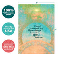 Load image into Gallery viewer, The cover of Tree-Free’s When I Count My Blessings card with lines demonstrating its 5x7 dimensions, along with the following text: “100% PCW recycled paper, proudly made in the USA, sustainably printed on extra-thick card stock”