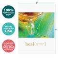 Load image into Gallery viewer, The cover of Tree-Free’s Heal card with lines demonstrating its 5x7 dimensions, along with the following text: “100% PCW recycled paper, proudly made in the USA, sustainably printed on extra-thick card stock”