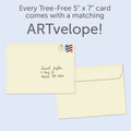 Load image into Gallery viewer, The envelope for Tree-Free’s Comfort And Peace card, along with the following text: “Every Tree-Free 5x7 card comes with a matching ARTvelope!”