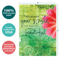 Load image into Gallery viewer, The cover of Tree-Free’s Your Smile All Occasion Card card with lines demonstrating its 5x7 dimensions, along with the following text: “100% PCW recycled paper, proudly made in the USA, sustainably printed on extra-thick card stock”
