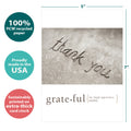 Load image into Gallery viewer, The cover of Tree-Free’s Grateful card with lines demonstrating its 5x7 dimensions, along with the following text: “100% PCW recycled paper, proudly made in the USA, sustainably printed on extra-thick card stock”