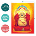 Load image into Gallery viewer, The cover of Tree-Free’s Laughing Buddha card with lines demonstrating its 5x7 dimensions, along with the following text: “100% PCW recycled paper, proudly made in the USA, sustainably printed on extra-thick card stock”