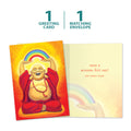 Load image into Gallery viewer, The cover and inside of Tree-Free’s Laughing Buddha card, along with the following text: “1 greeting card, 1 matching envelope”
