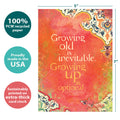 Load image into Gallery viewer, The cover of Tree-Free’s Growing Up Is Inevitable card with lines demonstrating its 5x7 dimensions, along with the following text: “100% PCW recycled paper, proudly made in the USA, sustainably printed on extra-thick card stock”