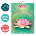 Load image into Gallery viewer, The cover of Tree-Free’s Open card with lines demonstrating its 5x7 dimensions, along with the following text: “100% PCW recycled paper, proudly made in the USA, sustainably printed on extra-thick card stock”