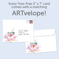 Load image into Gallery viewer, The envelope for Tree-Free’s Waterlilies And Dragonfly card, along with the following text: “Every Tree-Free 5x7 card comes with a matching ARTvelope!”