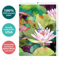 Load image into Gallery viewer, The cover of Tree-Free’s Waterlilies And Dragonfly card with lines demonstrating its 5x7 dimensions, along with the following text: “100% PCW recycled paper, proudly made in the USA, sustainably printed on extra-thick card stock”
