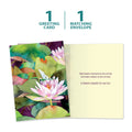 Load image into Gallery viewer, The cover and inside of Tree-Free’s Waterlilies And Dragonfly Sympathy Card card, along with the following text: “1 greeting card, 1 matching envelope”