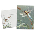 Load image into Gallery viewer, Cover of Dragonfly Sympathy card (featuring artwork of a dragonfly resting on a cattail) and its matching envelope