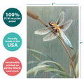 Load image into Gallery viewer, The cover of Tree-Free’s Dragonfly Sympathy Card card with lines demonstrating its 5x7 dimensions, along with the following text: “100% PCW recycled paper, proudly made in the USA, sustainably printed on extra-thick card stock”