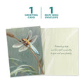 Load image into Gallery viewer, The cover and inside of Tree-Free’s Dragonfly Sympathy Card card, along with the following text: “1 greeting card, 1 matching envelope”