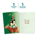 Load image into Gallery viewer, The cover and inside of Tree-Free’s Piled High card, along with the following text: “1 greeting card, 1 matching envelope”