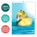Load image into Gallery viewer, The cover of Tree-Free’s Duck Duck Frog card with lines demonstrating its 5x7 dimensions, along with the following text: “100% PCW recycled paper, proudly made in the USA, sustainably printed on extra-thick card stock”