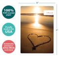 Load image into Gallery viewer, The cover of Tree-Free’s Every Sunrise card with lines demonstrating its 5x7 dimensions, along with the following text: “100% PCW recycled paper, proudly made in the USA, sustainably printed on extra-thick card stock”