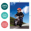 Load image into Gallery viewer, The cover of Tree-Free’s Born To Be Wild card with lines demonstrating its 5x7 dimensions, along with the following text: “100% PCW recycled paper, proudly made in the USA, sustainably printed on extra-thick card stock”