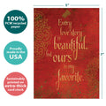 Load image into Gallery viewer, The cover of Tree-Free’s Every Love Story card with lines demonstrating its 5x7 dimensions, along with the following text: “100% PCW recycled paper, proudly made in the USA, sustainably printed on extra-thick card stock”