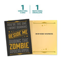 Load image into Gallery viewer, The cover and inside of Tree-Free’s Zombie Apocalypse Friendship Card card, along with the following text: “1 greeting card, 1 matching envelope”