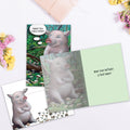 Load image into Gallery viewer, The inside of Tree-Free’s Pig in Shitakes card, with the cover and envelope in the background.