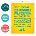 Load image into Gallery viewer, The cover of Tree-Free’s We Do Congratulations card with lines demonstrating its 5x7 dimensions, along with the following text: “100% PCW recycled paper, proudly made in the USA, sustainably printed on extra-thick card stock”