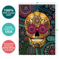 Load image into Gallery viewer, The cover of Tree-Free’s Sugar Skull Paisley All Occasion Card card with lines demonstrating its 5x7 dimensions, along with the following text: “100% PCW recycled paper, proudly made in the USA, sustainably printed on extra-thick card stock”