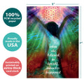 Load image into Gallery viewer, The cover of Tree-Free’s Miracles Happen Encouragement Card card with lines demonstrating its 5x7 dimensions, along with the following text: “100% PCW recycled paper, proudly made in the USA, sustainably printed on extra-thick card stock”