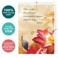 Load image into Gallery viewer, The cover of Tree-Free’s Happiness Dragonfly Farewell Card card with lines demonstrating its 5x7 dimensions, along with the following text: “100% PCW recycled paper, proudly made in the USA, sustainably printed on extra-thick card stock”