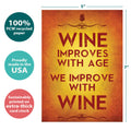 Load image into Gallery viewer, The cover of Tree-Free’s Improved With Wine card with lines demonstrating its 5x7 dimensions, along with the following text: “100% PCW recycled paper, proudly made in the USA, sustainably printed on extra-thick card stock”