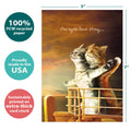 Load image into Gallery viewer, The cover of Tree-Free’s Cat Titanic card with lines demonstrating its 5x7 dimensions, along with the following text: “100% PCW recycled paper, proudly made in the USA, sustainably printed on extra-thick card stock”