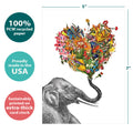 Load image into Gallery viewer, The cover of Tree-Free’s Love Elephant Love Card card with lines demonstrating its 5x7 dimensions, along with the following text: “100% PCW recycled paper, proudly made in the USA, sustainably printed on extra-thick card stock”