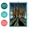 Load image into Gallery viewer, The cover of Tree-Free’s Winter Solstice card with lines demonstrating its 5x7 dimensions, along with the following text: “100% PCW recycled paper, proudly made in the USA, sustainably printed on extra-thick card stock”