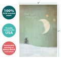 Load image into Gallery viewer, The cover of Tree-Free’s Holy Night card with lines demonstrating its 5x7 dimensions, along with the following text: “100% PCW recycled paper, proudly made in the USA, sustainably printed on extra-thick card stock”