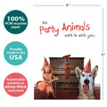 Load image into Gallery viewer, The cover of Tree-Free’s Party Animals card with lines demonstrating its 5x7 dimensions, along with the following text: “100% PCW recycled paper, proudly made in the USA, sustainably printed on extra-thick card stock”