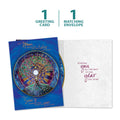 Load image into Gallery viewer, The cover and inside of Tree-Free’s Winter Solstice Mandala Solstice Card card, along with the following text: “1 greeting card, 1 matching envelope”