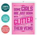 Load image into Gallery viewer, The cover of Tree-Free’s Glitter Girls card with lines demonstrating its 5x7 dimensions, along with the following text: “100% PCW recycled paper, proudly made in the USA, sustainably printed on extra-thick card stock”
