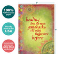 Load image into Gallery viewer, The cover of Tree-Free’s Healing Support Card card with lines demonstrating its 5x7 dimensions, along with the following text: “100% PCW recycled paper, proudly made in the USA, sustainably printed on extra-thick card stock”