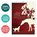 Load image into Gallery viewer, The cover of Tree-Free’s Four Legged Friends card with lines demonstrating its 5x7 dimensions, along with the following text: “100% PCW recycled paper, proudly made in the USA, sustainably printed on extra-thick card stock”