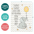 Load image into Gallery viewer, The cover of Tree-Free’s Twinkle Twinkle card with lines demonstrating its 5x7 dimensions, along with the following text: “100% PCW recycled paper, proudly made in the USA, sustainably printed on extra-thick card stock”