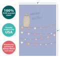 Load image into Gallery viewer, The cover of Tree-Free’s Woo Hoo Owl card with lines demonstrating its 5x7 dimensions, along with the following text: “100% PCW recycled paper, proudly made in the USA, sustainably printed on extra-thick card stock”