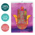 Load image into Gallery viewer, The cover of Tree-Free’s Hamsa Blessings card with lines demonstrating its 5x7 dimensions, along with the following text: “100% PCW recycled paper, proudly made in the USA, sustainably printed on extra-thick card stock”
