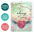 Load image into Gallery viewer, The cover of Tree-Free’s Choose You Again Love Card card with lines demonstrating its 5x7 dimensions, along with the following text: “100% PCW recycled paper, proudly made in the USA, sustainably printed on extra-thick card stock”