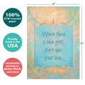 Load image into Gallery viewer, The cover of Tree-Free’s Deep Love Sympathy Card card with lines demonstrating its 5x7 dimensions, along with the following text: “100% PCW recycled paper, proudly made in the USA, sustainably printed on extra-thick card stock”