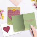 Load image into Gallery viewer, The inside of Tree-Free’s Loved Well Pawprints card, with the cover and envelope in the background.