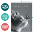 Load image into Gallery viewer, The cover of Tree-Free’s Thoughts Of You Friendship Card card with lines demonstrating its 5x7 dimensions, along with the following text: “100% PCW recycled paper, proudly made in the USA, sustainably printed on extra-thick card stock”